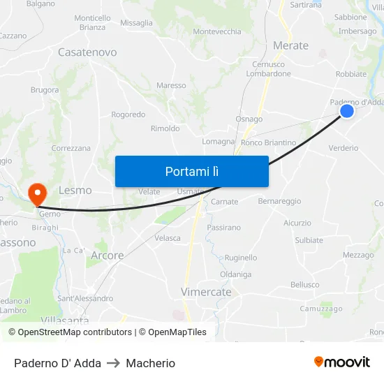 Paderno D' Adda to Macherio map