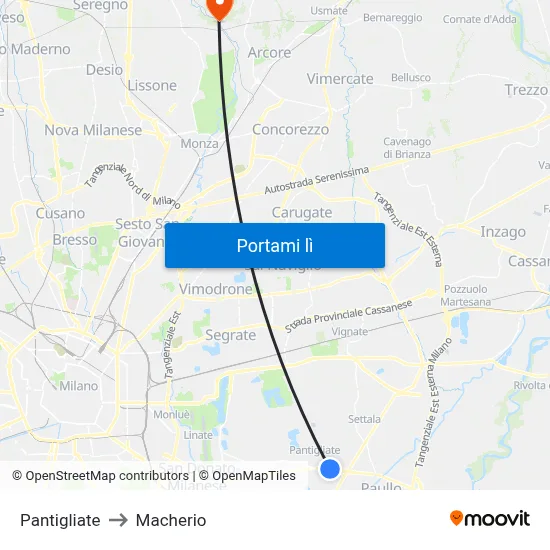 Pantigliate to Macherio map
