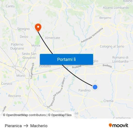 Pieranica to Macherio map
