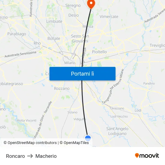 Roncaro to Macherio map