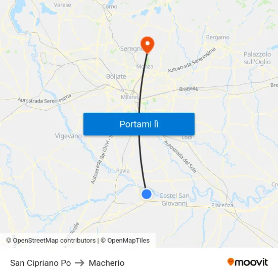 San Cipriano Po to Macherio map