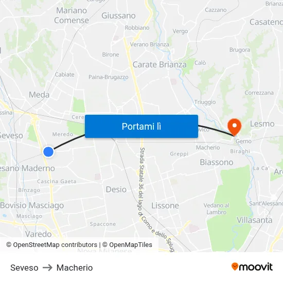 Seveso to Macherio map