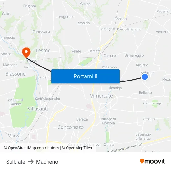 Sulbiate to Macherio map