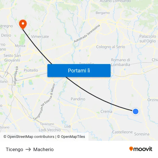 Ticengo to Macherio map