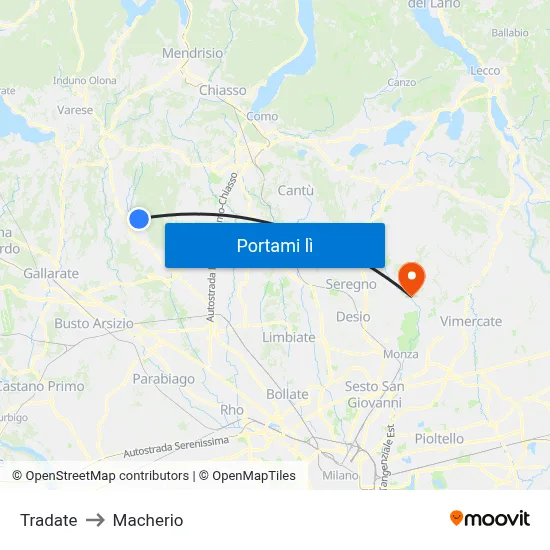 Tradate to Macherio map