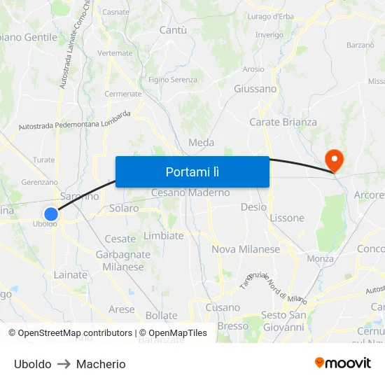 Uboldo to Macherio map