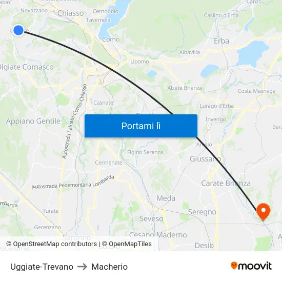 Uggiate-Trevano to Macherio map