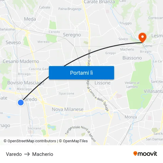 Varedo to Macherio map
