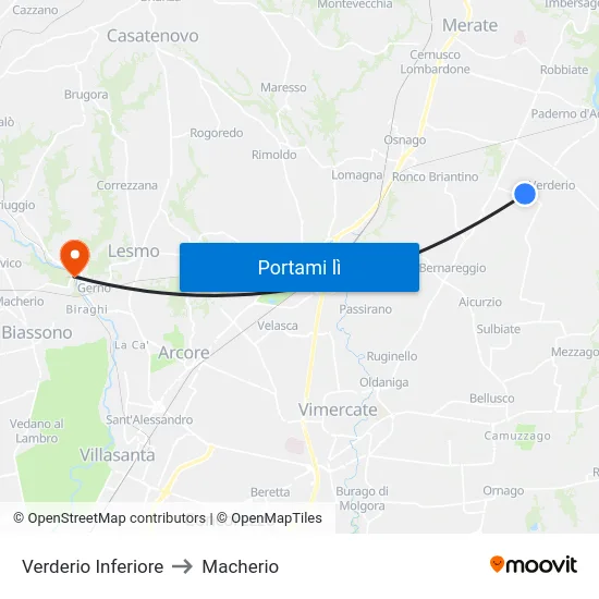 Verderio Inferiore to Macherio map