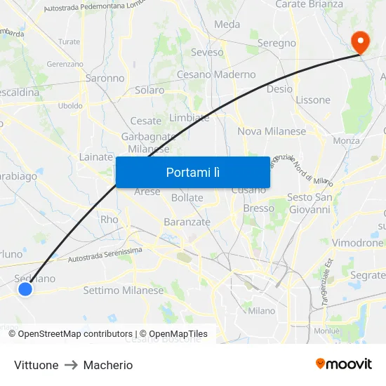 Vittuone to Macherio map