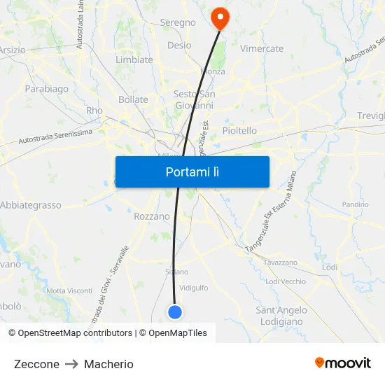 Zeccone to Macherio map