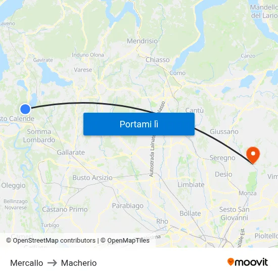 Mercallo to Macherio map