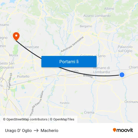 Urago D' Oglio to Macherio map