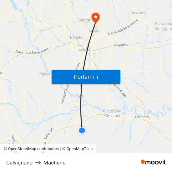 Calvignano to Macherio map