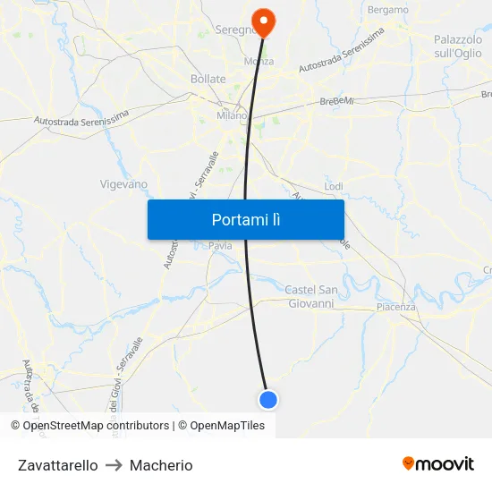Zavattarello to Macherio map