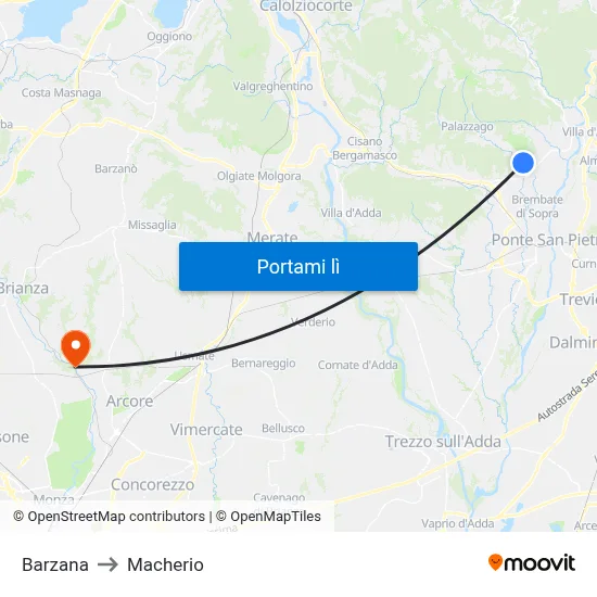 Barzana to Macherio map