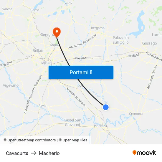 Cavacurta to Macherio map