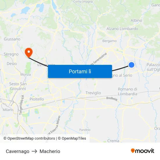 Cavernago to Macherio map