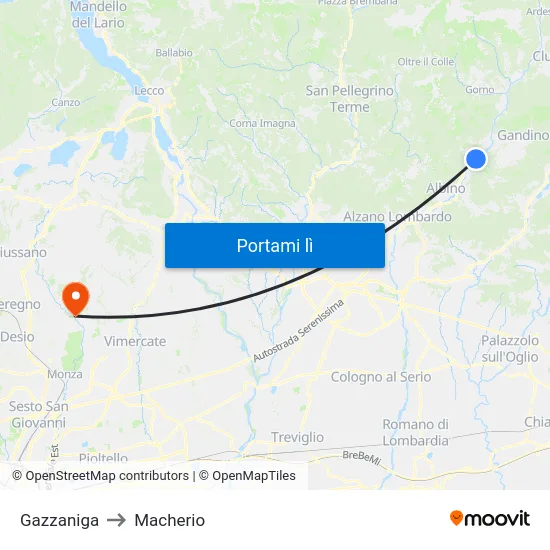 Gazzaniga to Macherio map