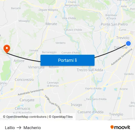 Lallio to Macherio map