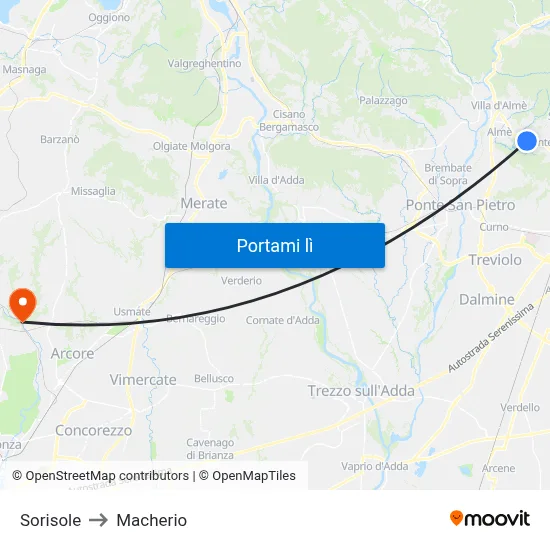 Sorisole to Macherio map