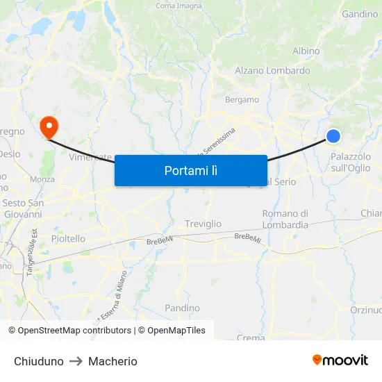 Chiuduno to Macherio map