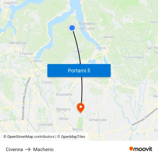 Civenna to Macherio map