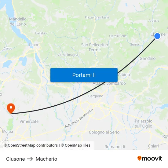 Clusone to Macherio map