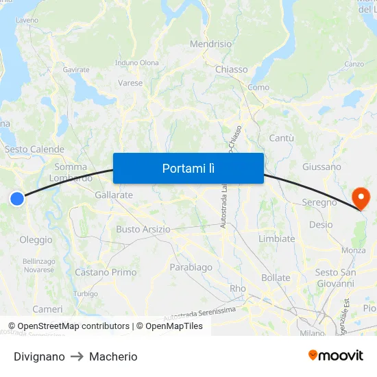 Divignano to Macherio map