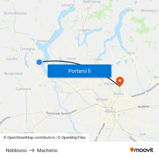 Nebbiuno to Macherio map