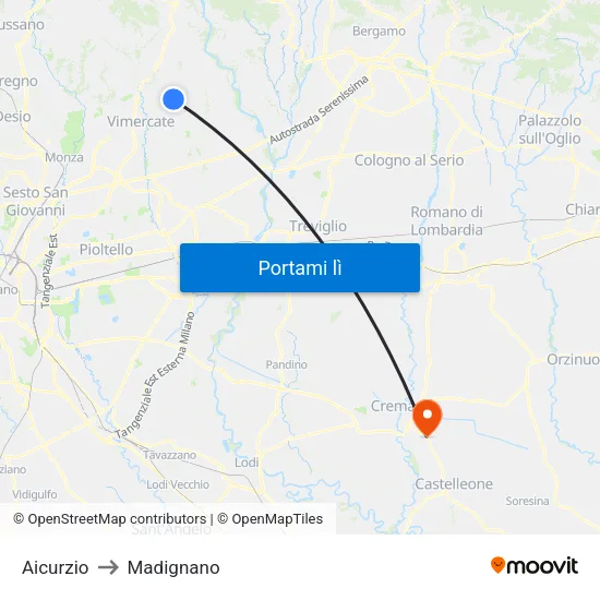 Aicurzio to Madignano map