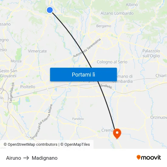 Airuno to Madignano map