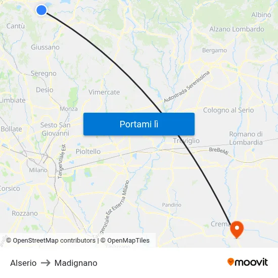 Alserio to Madignano map