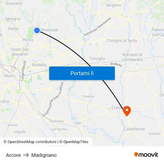 Arcore to Madignano map