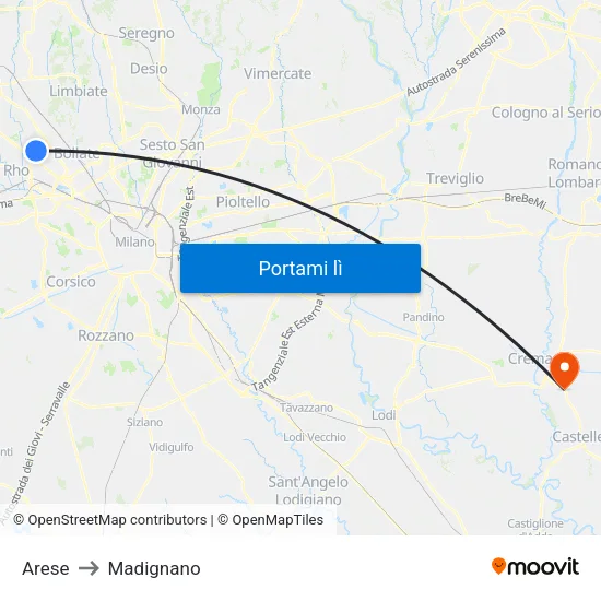 Arese to Madignano map