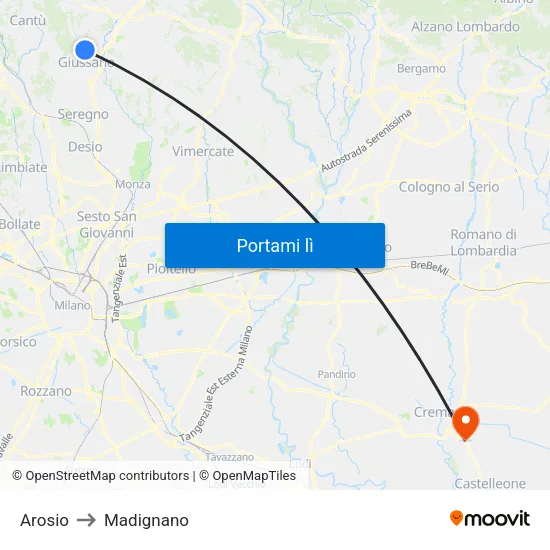 Arosio to Madignano map