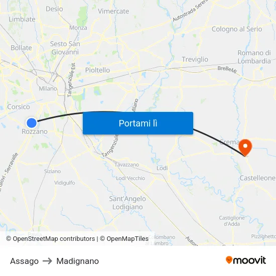 Assago to Madignano map