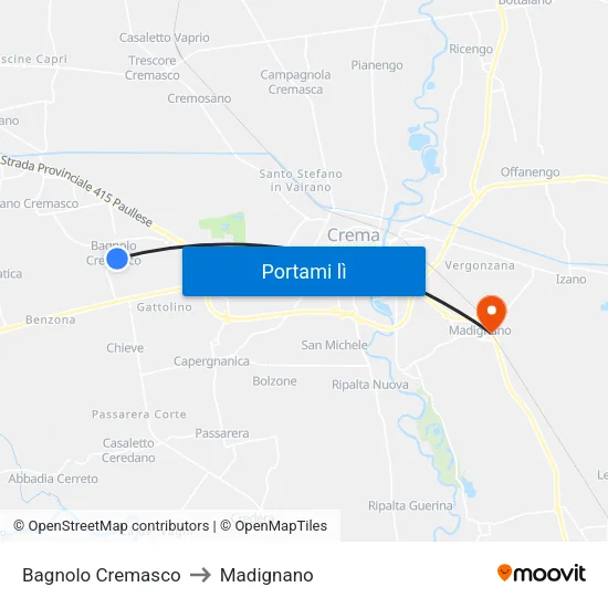 Bagnolo Cremasco to Madignano map