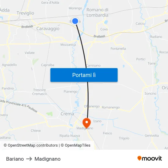 Bariano to Madignano map