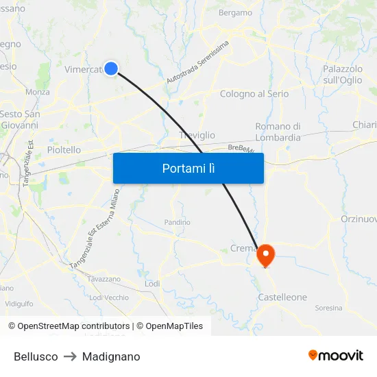 Bellusco to Madignano map
