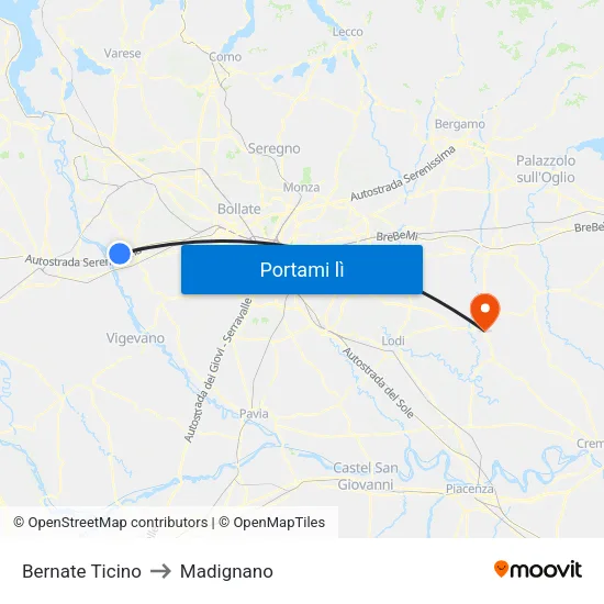 Bernate Ticino to Madignano map