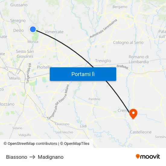 Biassono to Madignano map
