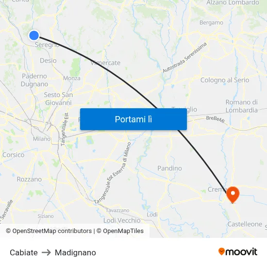 Cabiate to Madignano map