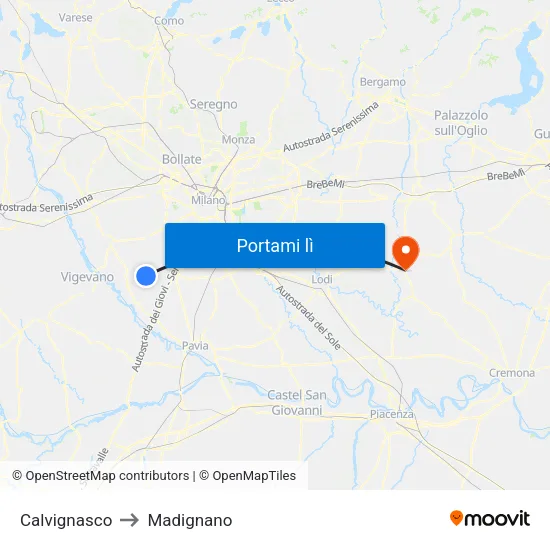Calvignasco to Madignano map