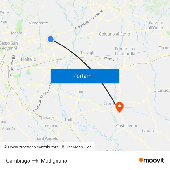 Cambiago to Madignano map
