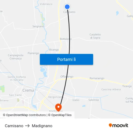 Camisano to Madignano map