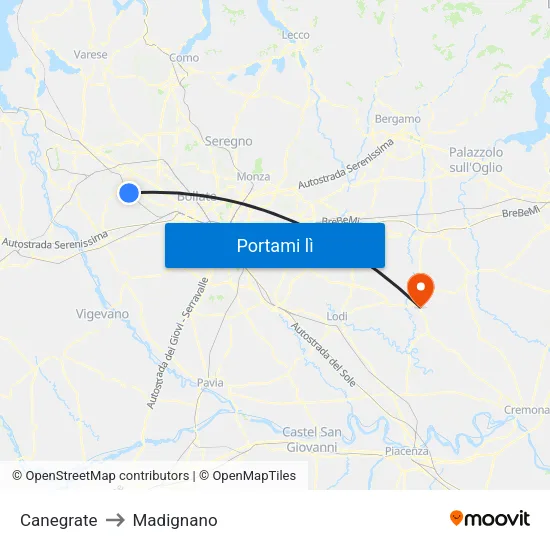 Canegrate to Madignano map