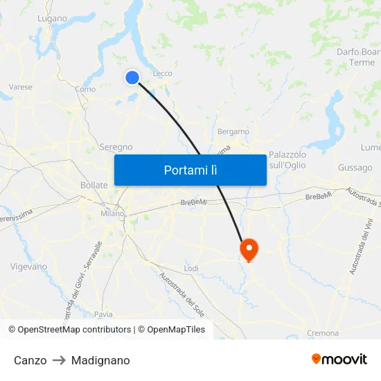 Canzo to Madignano map