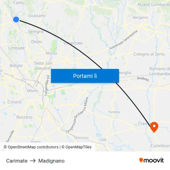 Carimate to Madignano map