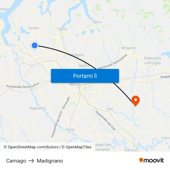 Carnago to Madignano map